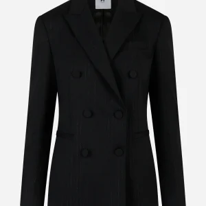 Blazer doppiopetto in lana gessata stretch Nero