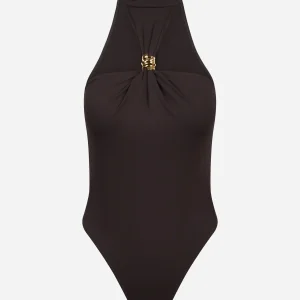 Body in jersey marrone crepe con dettaglio gioiello