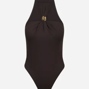 Body in jersey marrone crepe con dettaglio gioiello
