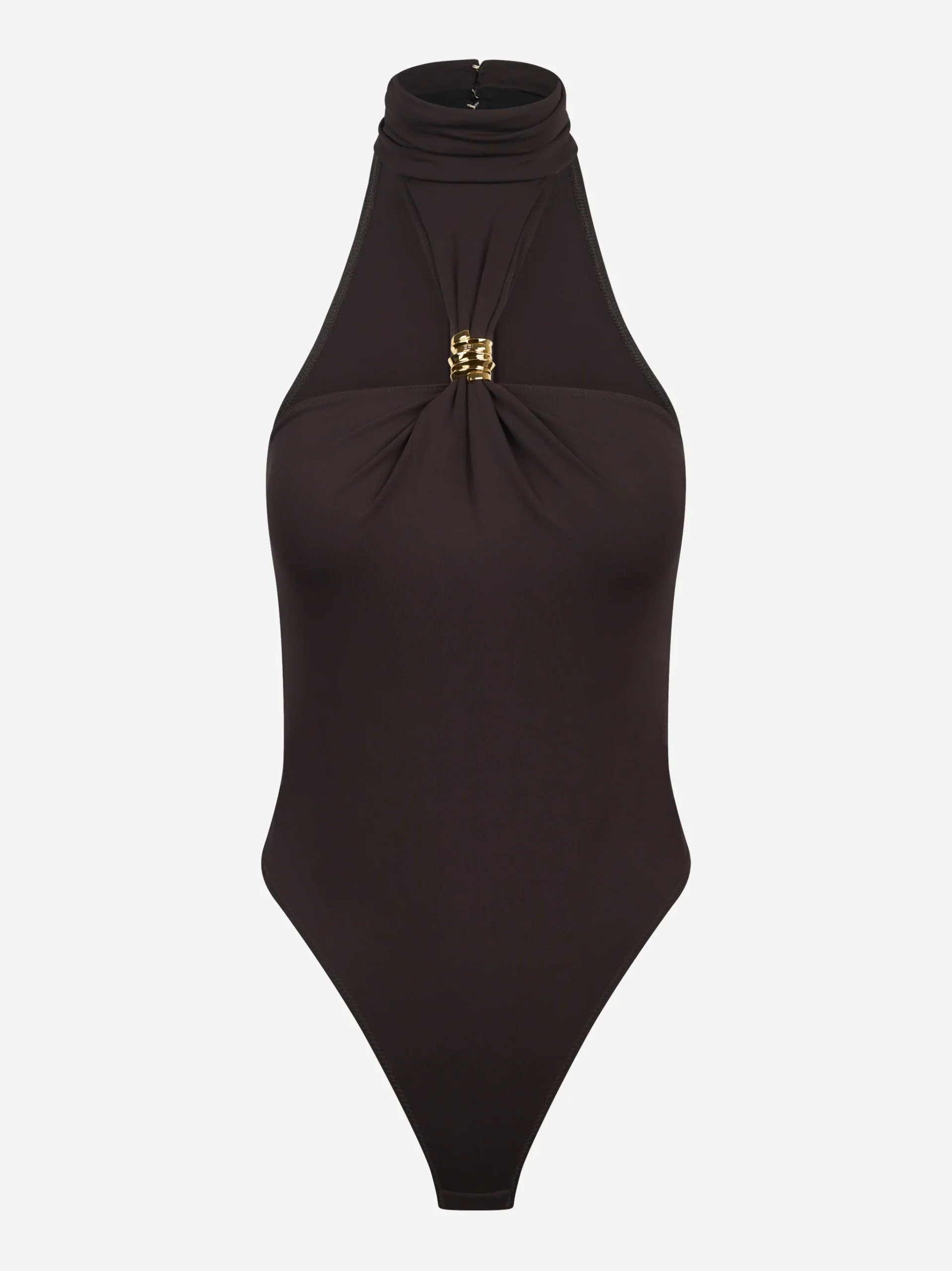 Body in jersey marrone crepe con dettaglio gioiello