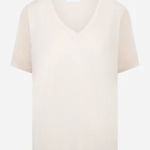 T-shirt scollo a v rosa in modal e seta