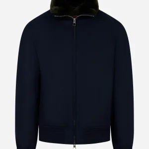 Bomber in lana con collo staccabile in pelliccia Blu