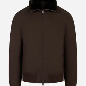 Bomber in lana con collo staccabile in pelliccia Marrone