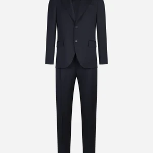 Abito blu monopetto con rever a lancia in lana vergine