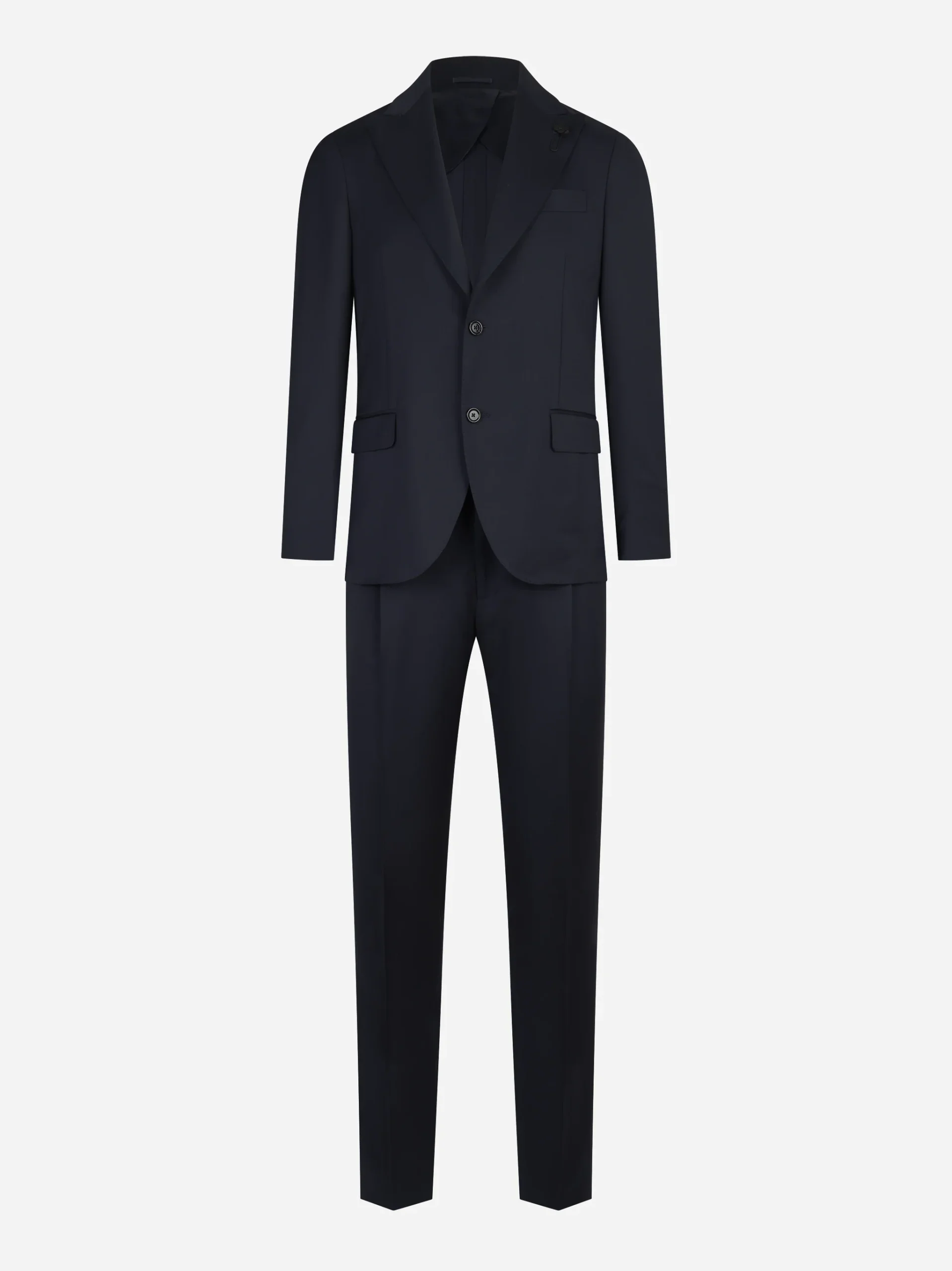 Abito blu monopetto con rever a lancia in lana vergine