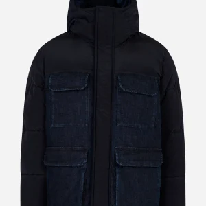 Piumino con cappuccio con inserto in denim Blu