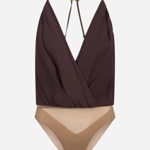 Body in georgette di viscosa marrone