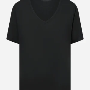 T-shirt scollo a v nera in modal e seta