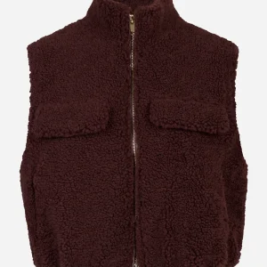 Gilet corto bordeaux con zip centrale in teddy