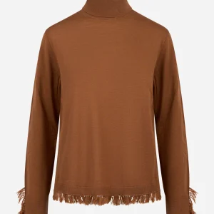 Dolcevita in lana merinos marrone con frange