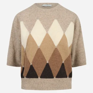 Maglia manica corta in lana con motivo diamond beige
