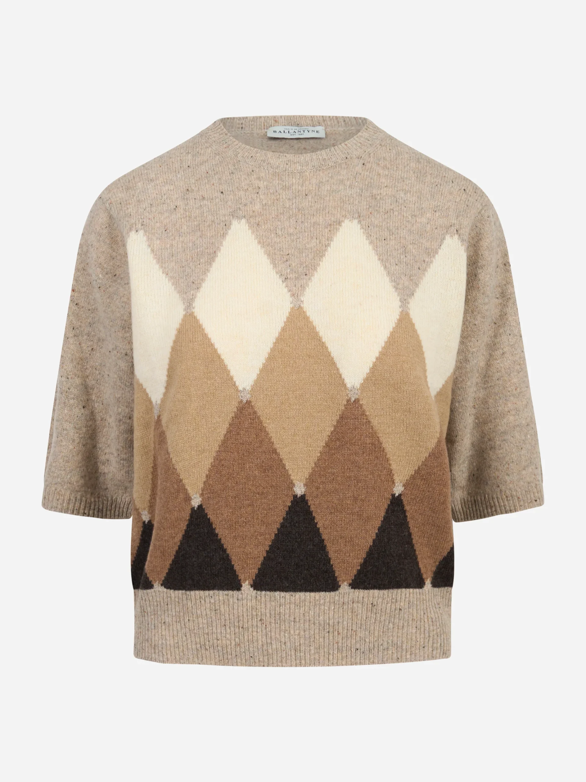 Maglia manica corta in lana con motivo diamond beige - immagine 2