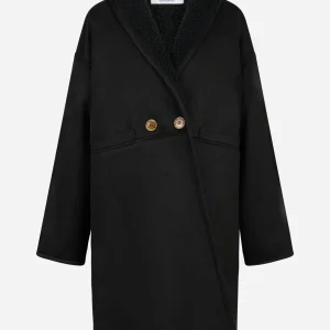 Cappotto nero con collo sciallato in eco shearling