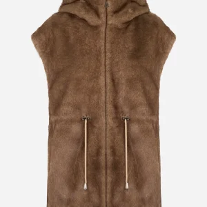 Giacca smanicata beige con zip e cappuccio in ecofur