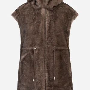 Giacca smanicata marrone con zip e cappuccio in ecofur