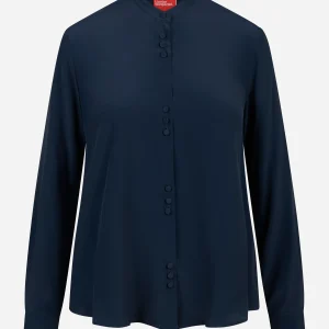 Camicia coreana in misto seta blu