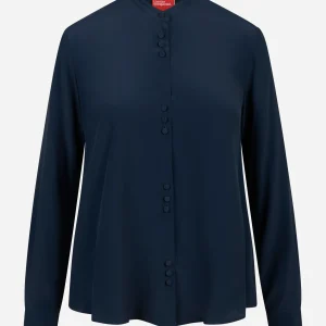Camicia coreana in misto seta blu