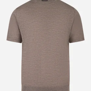 Maglia beige manica corta in lana merinos finezza 16