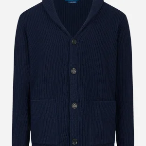 Cardigan blu in lana con collo sciallato