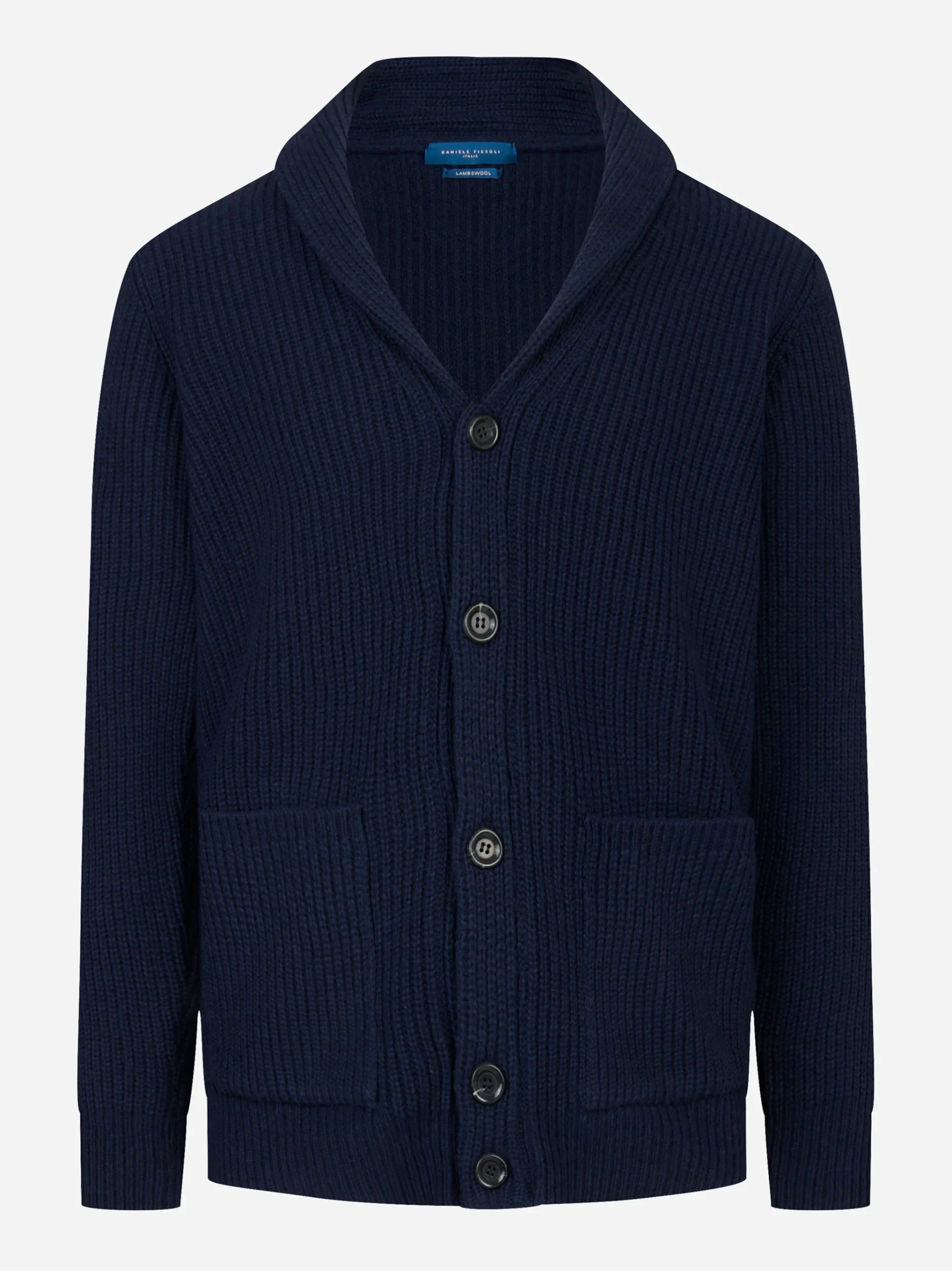 Cardigan blu in lana con collo sciallato - immagine 2