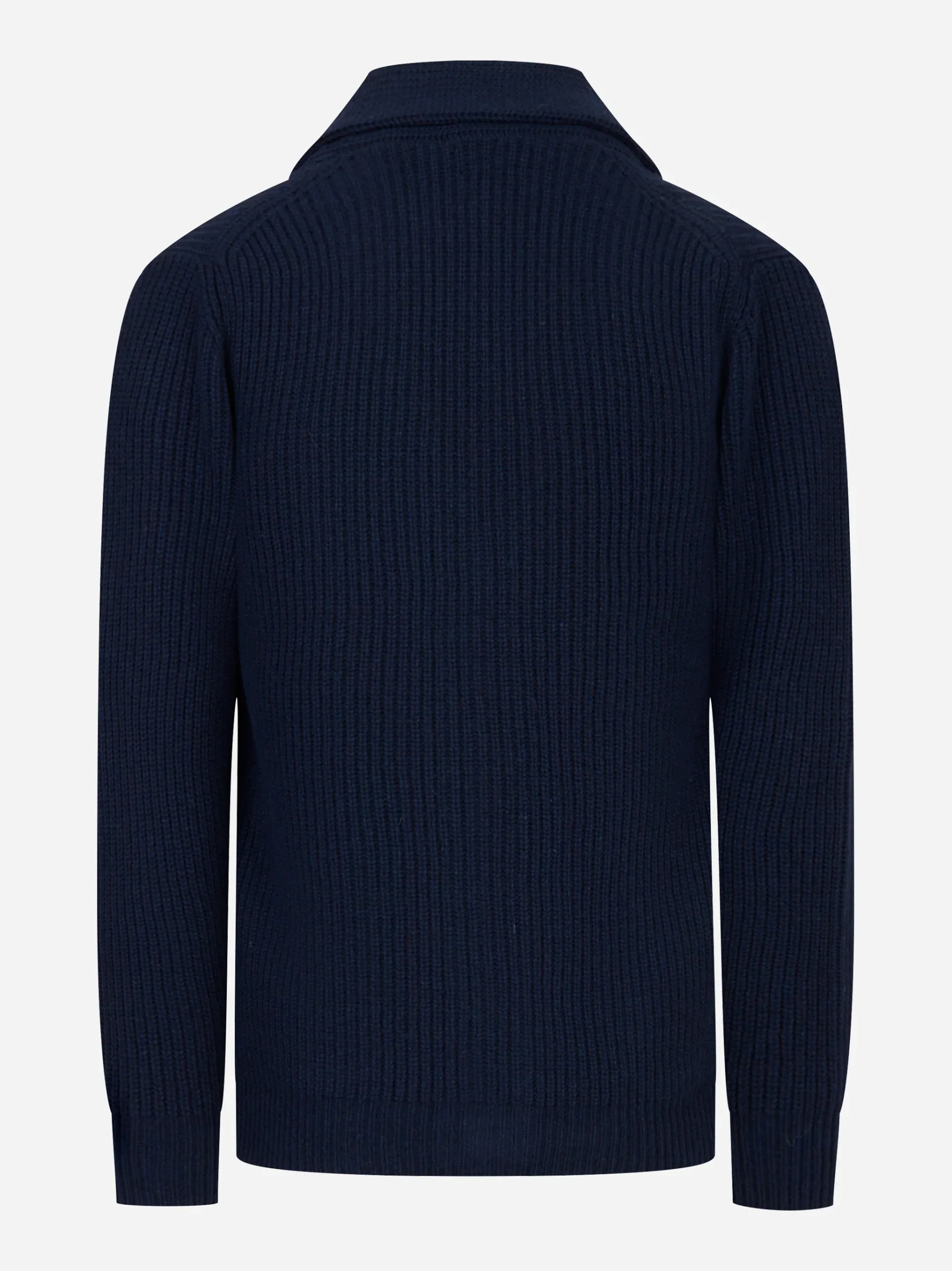 Cardigan blu in lana con collo sciallato - immagine 3