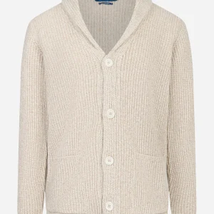 Cardigan beige in lana con collo sciallato