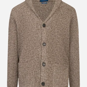 Cardigan marrone in lana con collo sciallato