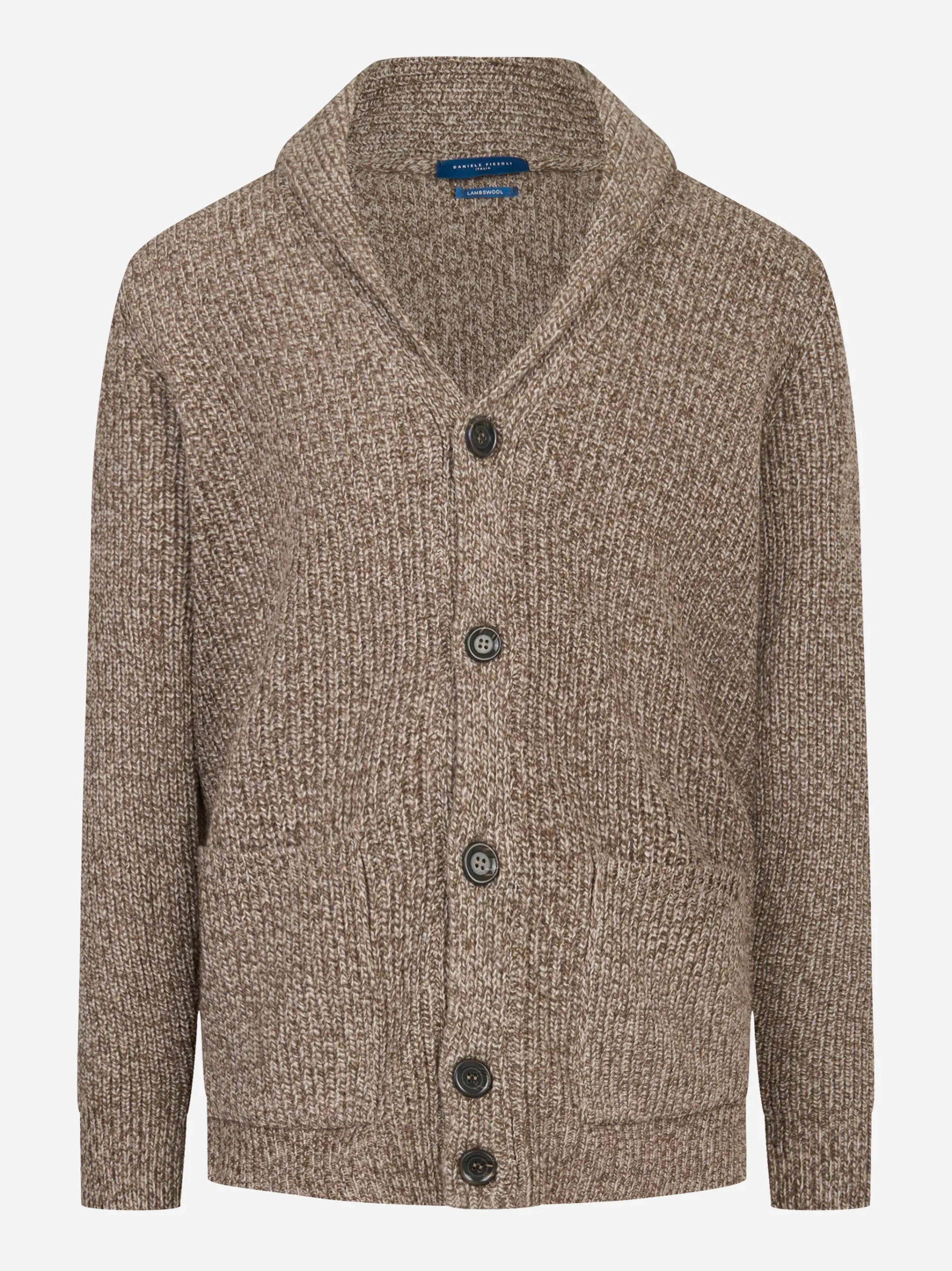 Cardigan marrone in lana con collo sciallato