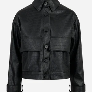 Giacca nera in ecopelle con tasche