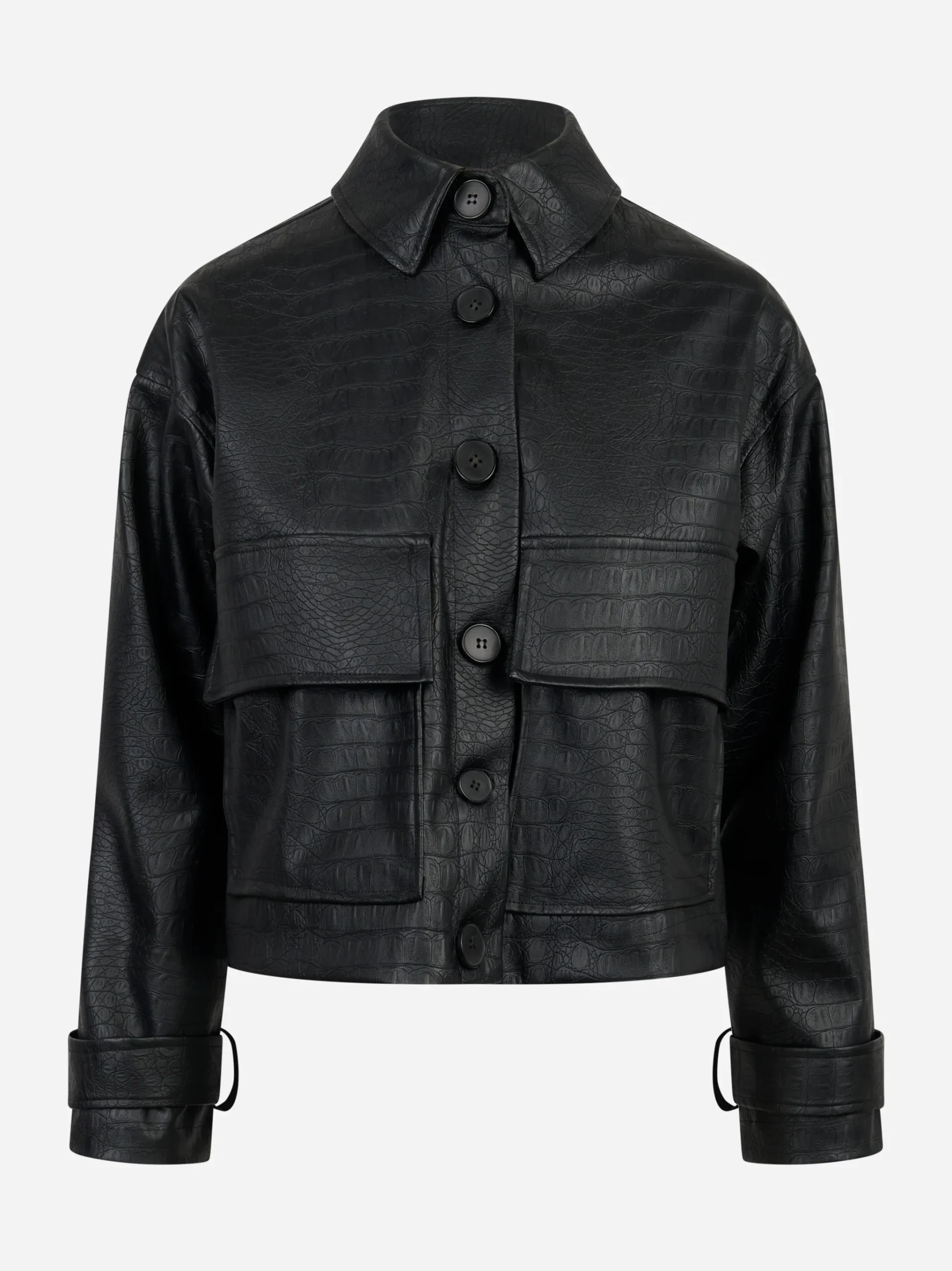 Giacca nera in ecopelle con tasche