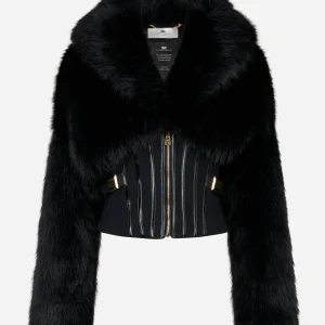 Giubbotto nero con effetto pelliccia e doppio crêpe