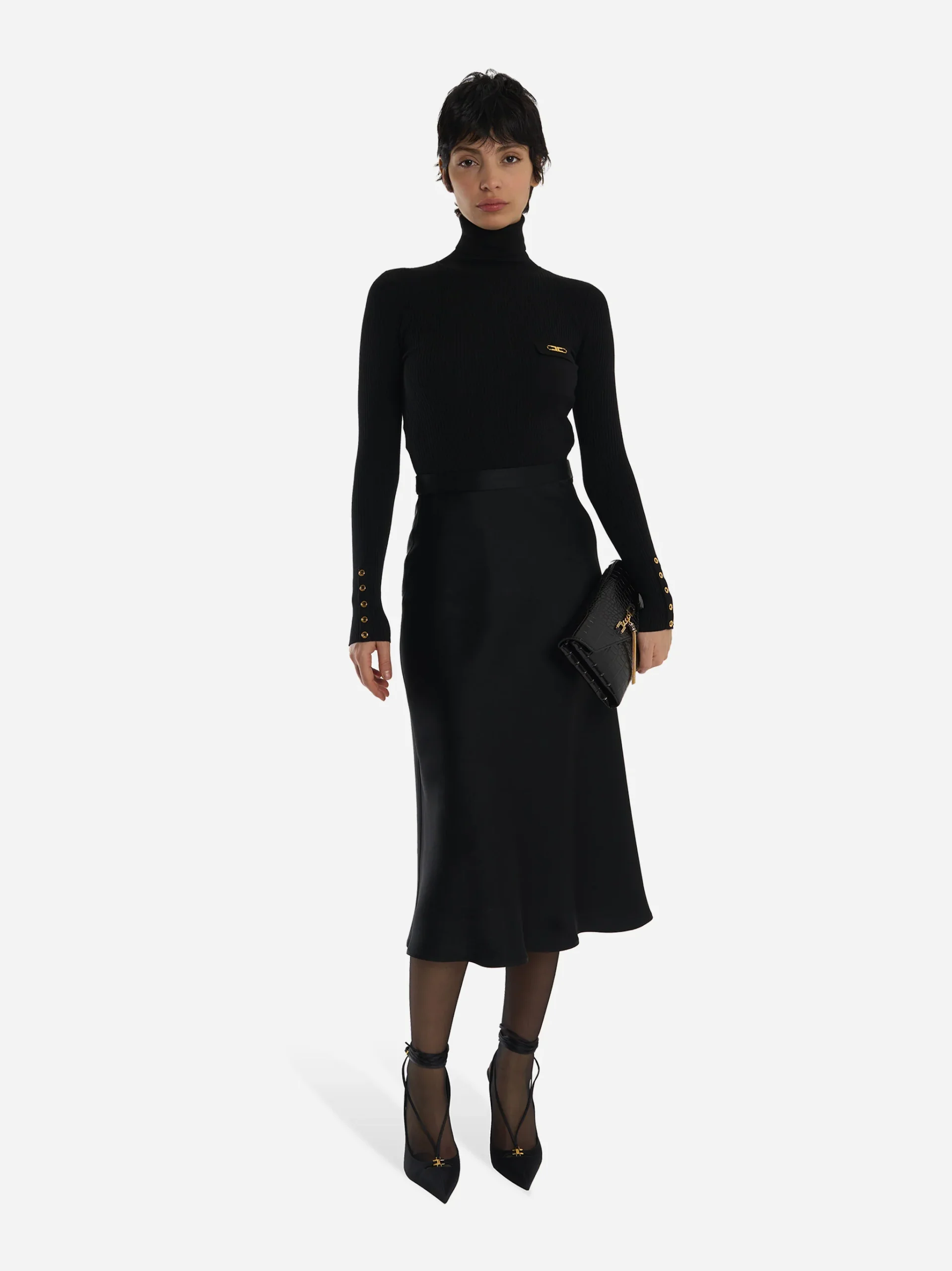 Abito in maglia a costine e raso con taschino Nero - immagine 3