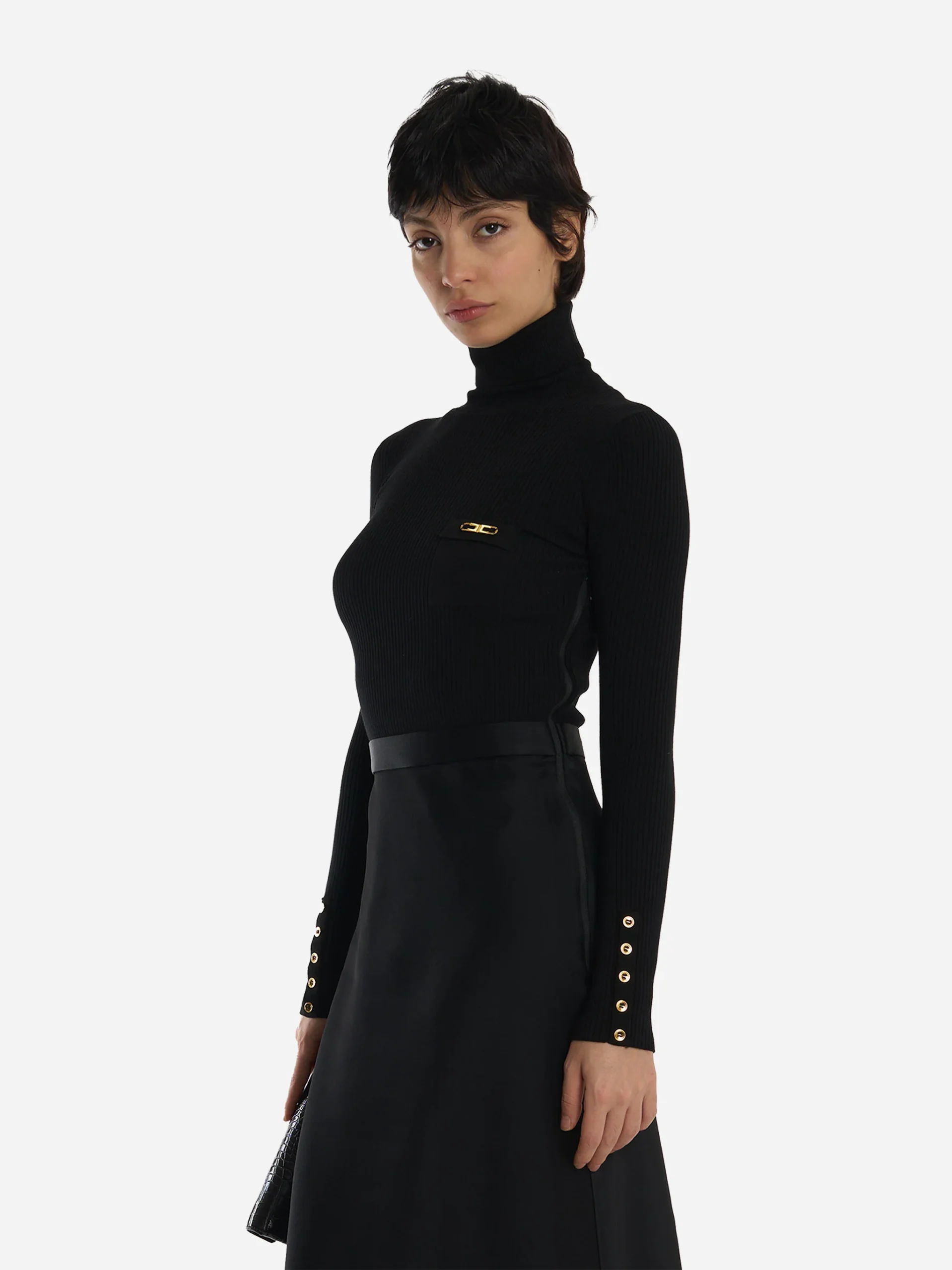 Abito in maglia a costine e raso con taschino Nero - immagine 4