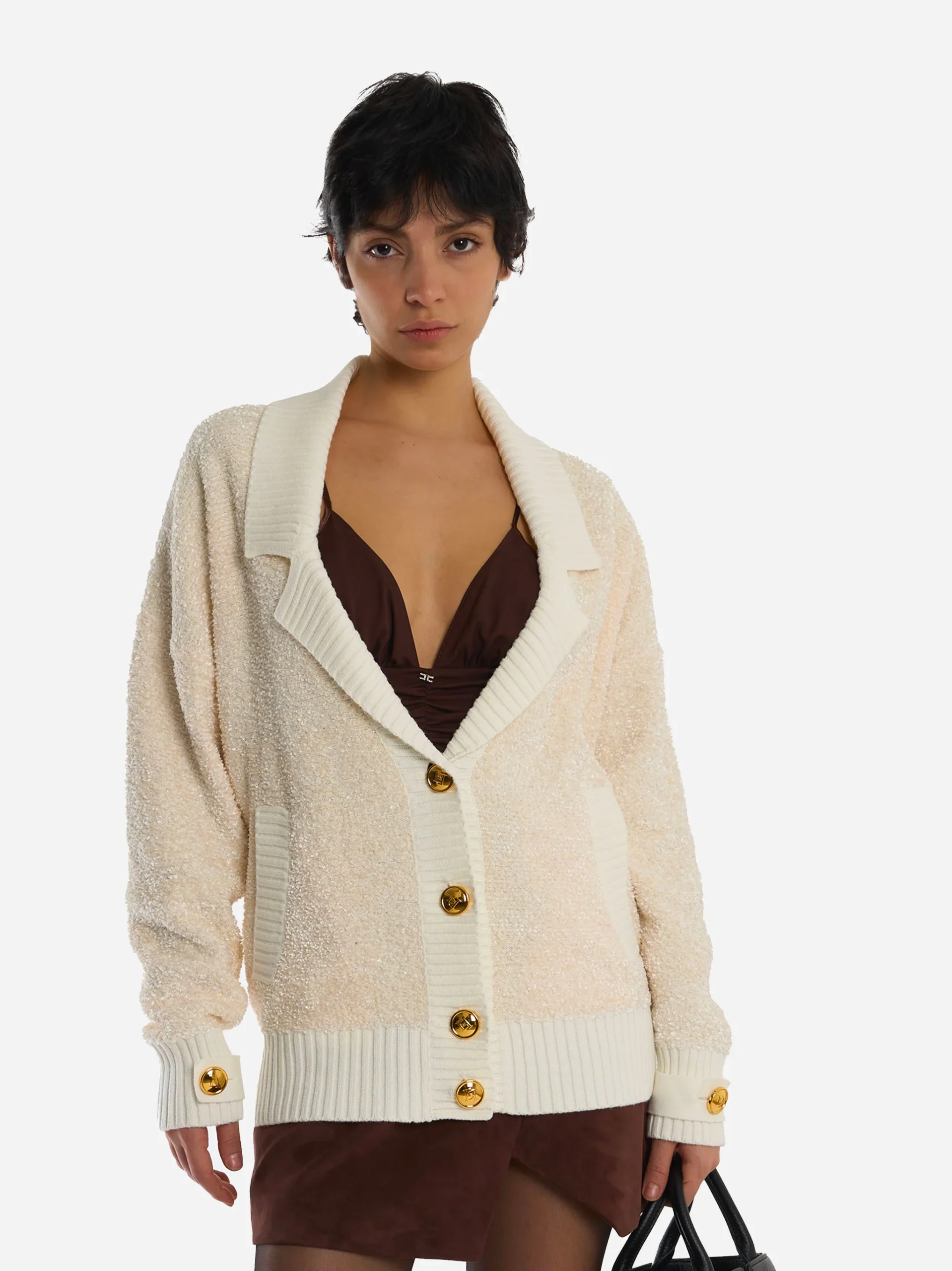 Cardigan in ciniglia bouclé con bottoni gioiello Bianco - immagine 4