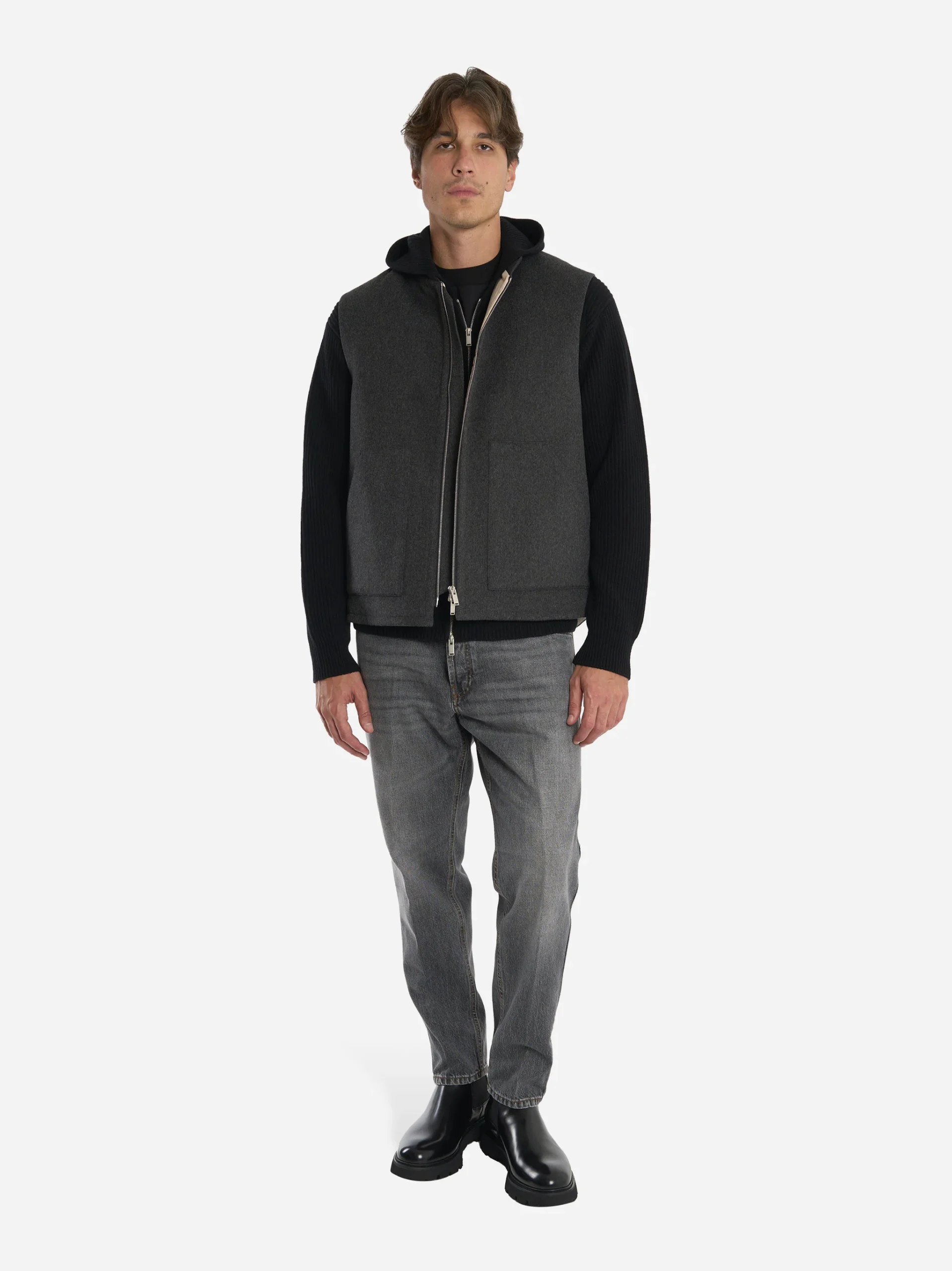 Gilet con zip in lana grigio - immagine 3