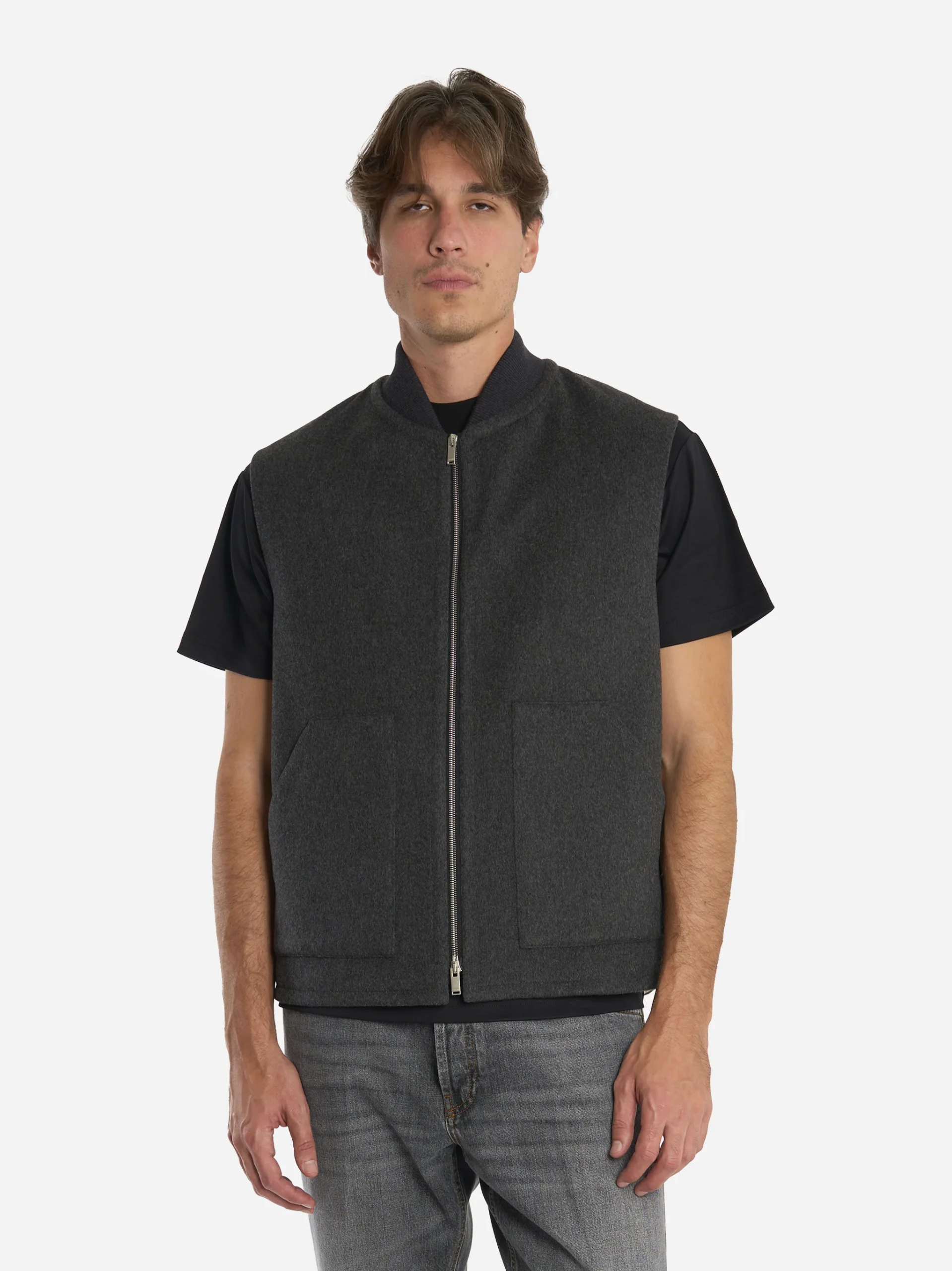 Gilet con zip in lana grigio - immagine 4