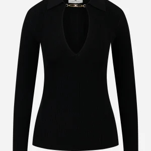 Maglia a costine con dettagli a jour Nera