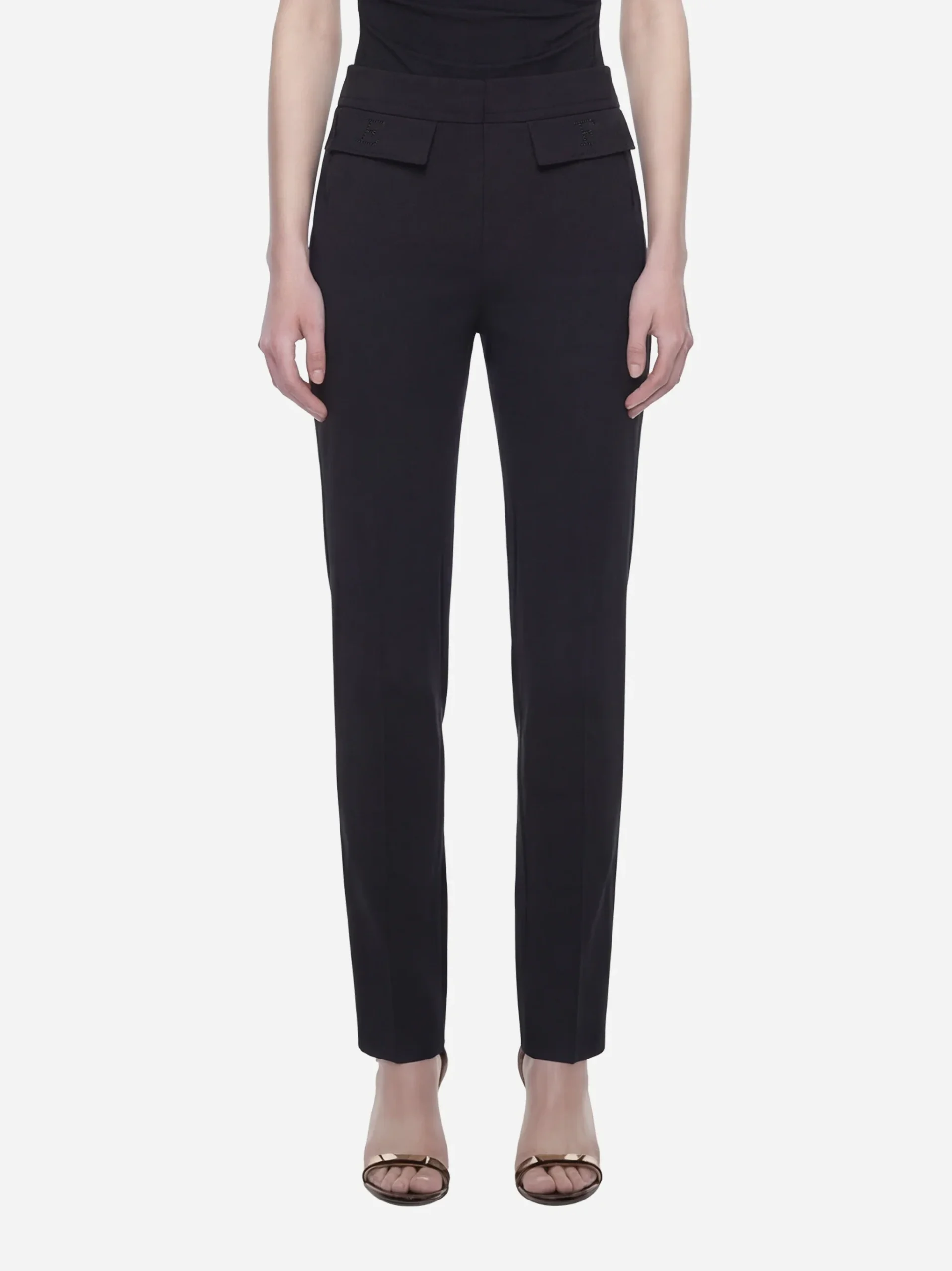 Pantalone nero in doppio crepe stretch con logo ricamato - immagine 3