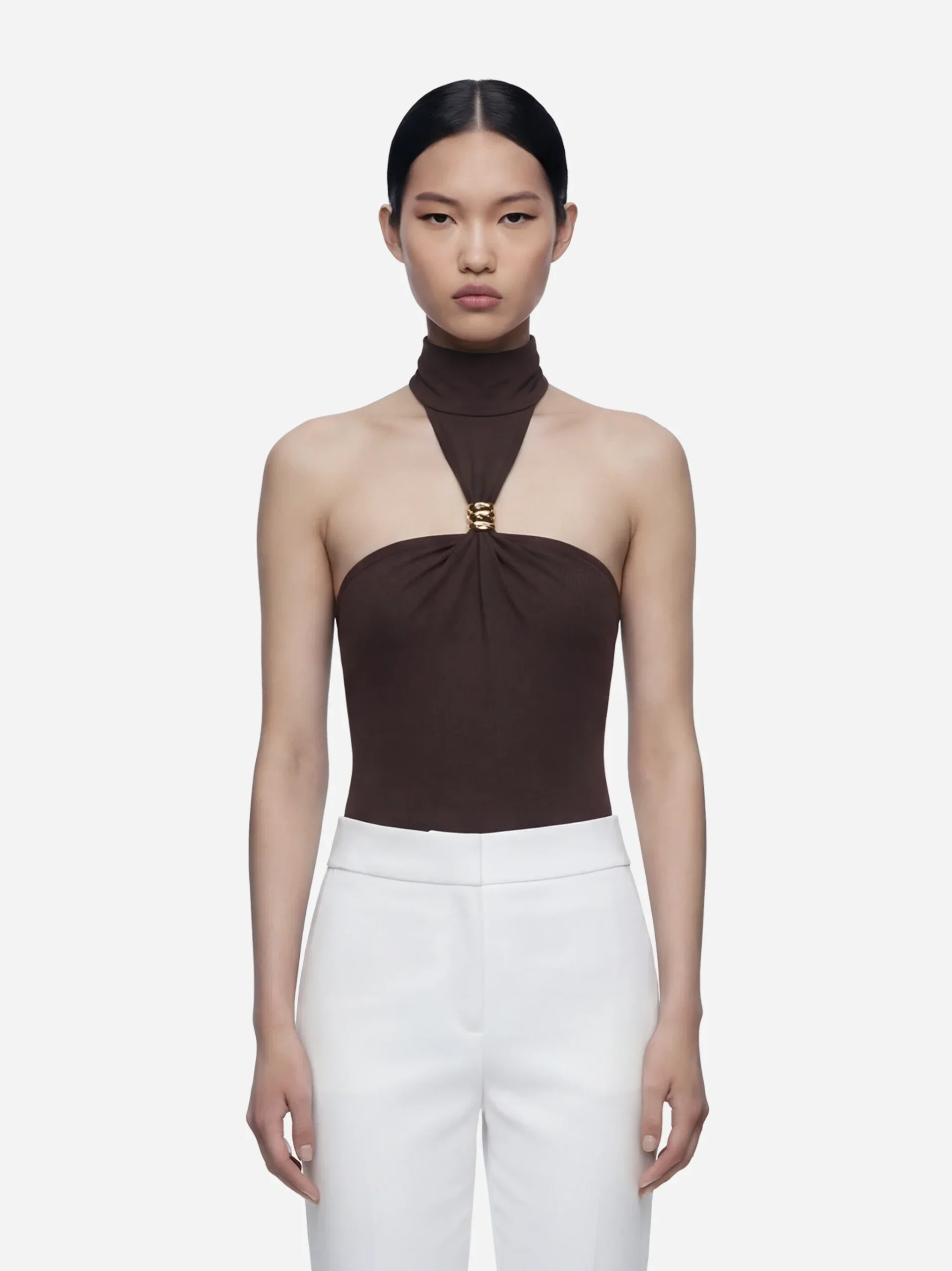 Body in jersey marrone crepe con dettaglio gioiello - immagine 3