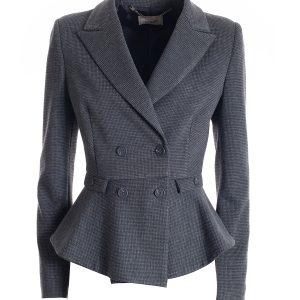 Blazer aderente doppiopetto in tessuto piede de poule grigio