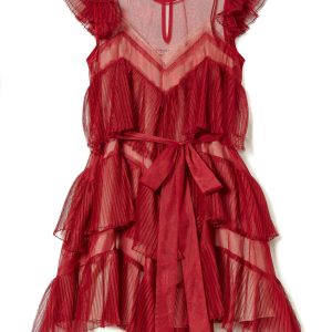 Abito corto in tulle a balze plissé lampone