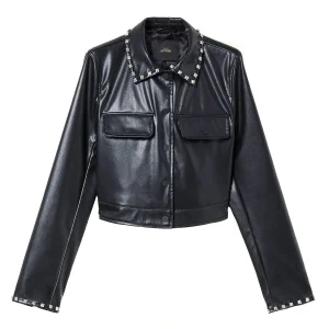 Giacca nera effetto pelle con ricamo