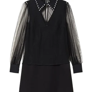 Abito corto e blusa neri in tulle con ricami