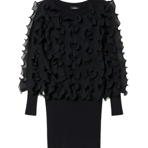 Abito nero in maglia con volant plissé