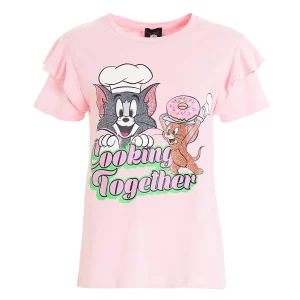 T-shirt regular rosa in jersey di cotone con stampa Tom & Jerry