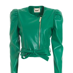Giacca slim cropped verde in eco pelle