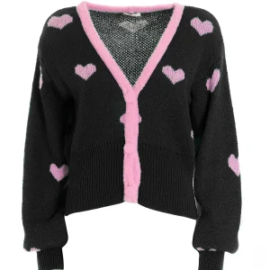 Cardigan over nero in jacquard cuori rosa