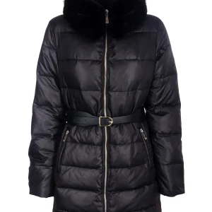 Giacca regular lunga nera imbottita con collo in eco pelliccia