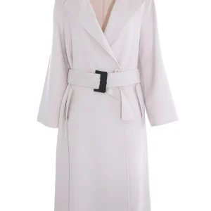 Cappotto doppiopetto lungo panna in panno misto lana con cintura