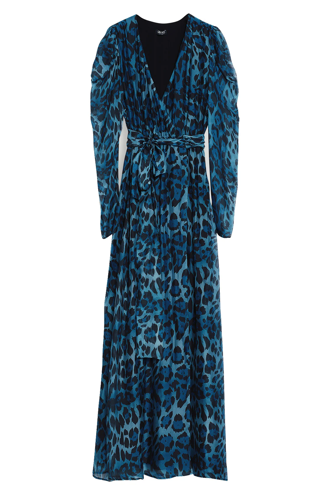 Vestito da cerimonia blu in chiffon con stampa animalier